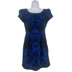 Silence + Noise Blue & Black Damask Pattern Cap Sleeve Dress Side Zipper Size 2